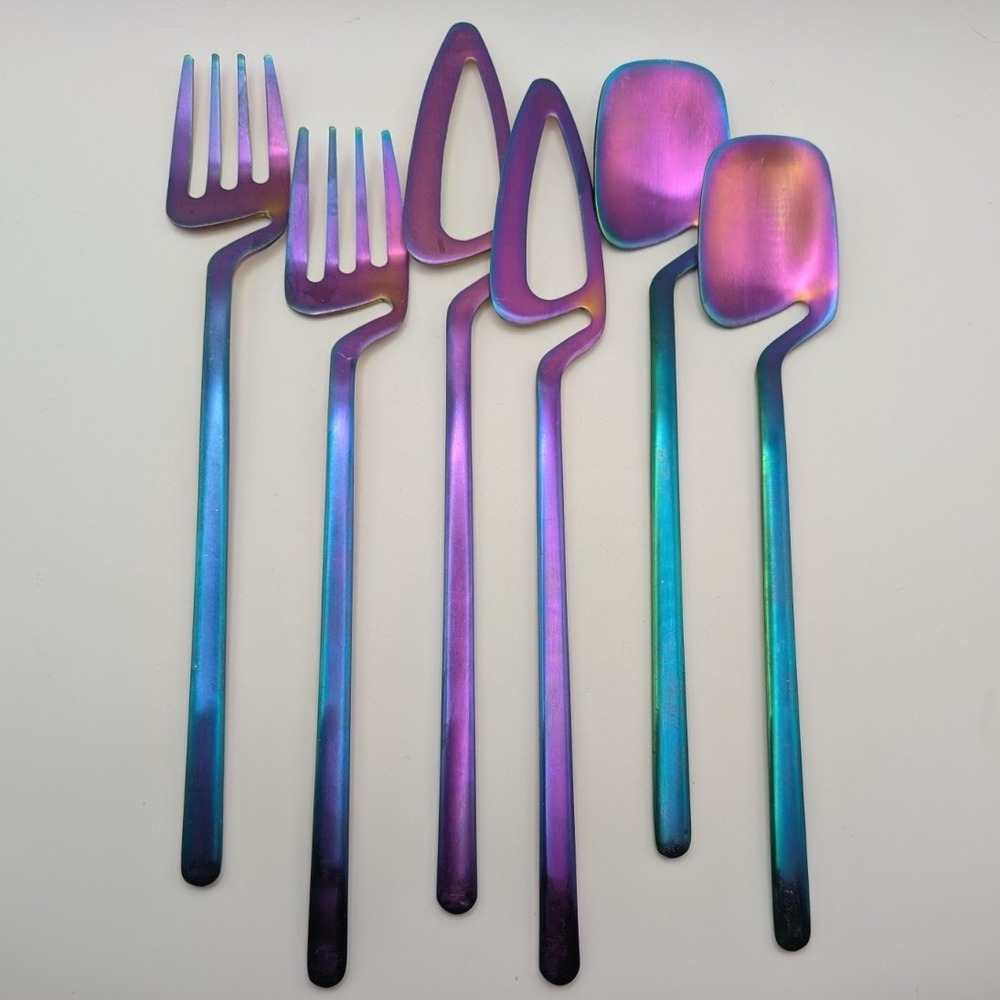 Rainbow Iridescent Flatware Set for 2 Oil Slick Modern Offset Handle Silverware